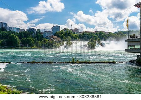 Neuhausen Am Rheinfall, Switzerland - 23 July 2019. Waterfall On The River Rhine In The City Neuhaus