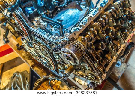 V8 Engine From Car Being Rebuilt In Garage