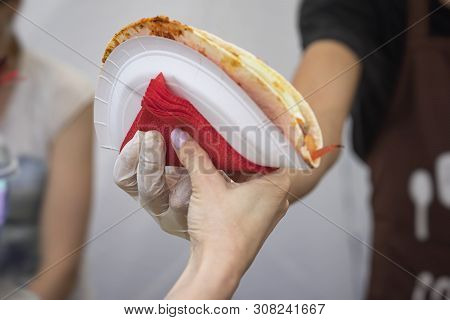 Male Hand Of Chef Holding And Female Hand Girl Buyer, With Fresh Tortilla, Mexican Fajita, Pita