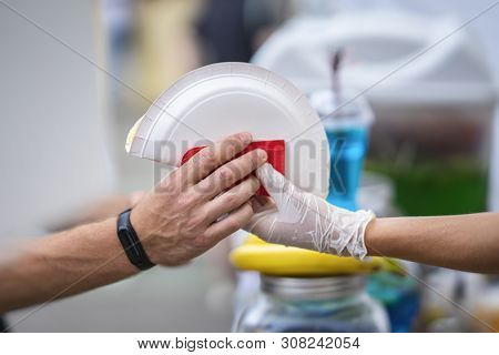 Male Hand Of Chef Holding And Male Hand Of Young Man Customer, Buyer, With Fresh Tortilla, Mexican F