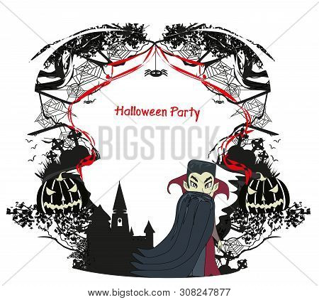 Vampire Night Halloween Card, Decorative Frame , Vector Illustration