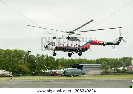 Tyumen, Russia - June 19, 2019: Aircraft Repair Helicopter Utair Engineering Plant. Test Flight Of M