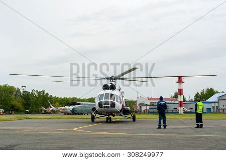 Tyumen, Russia - June 19, 2019: Aircraft Repair Helicopter Utair Engineering Plant. Test Flight Of M