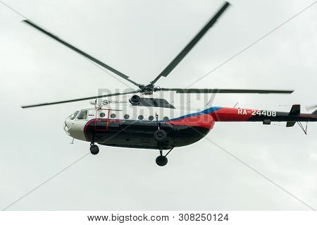 Tyumen, Russia - June 19, 2019: Aircraft Repair Helicopter Utair Engineering Plant. Test Flight Of M