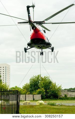 Tyumen, Russia - June 19, 2019: Aircraft Repair Helicopter Utair Engineering Plant. Test Flight Of M