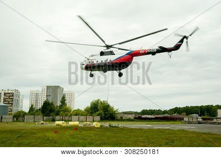 Tyumen, Russia - June 19, 2019: Aircraft Repair Helicopter Utair Engineering Plant. Test Flight Of M