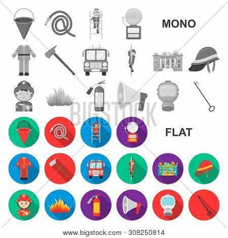 Fire Department Flat Icons In Set Collection For Design. Firefighters And Equipment Bitmap Symbol St
