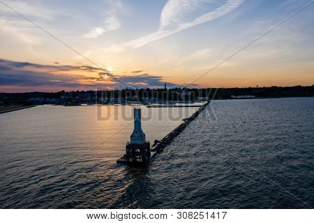Port Washington Breakwater Light on a summers day
