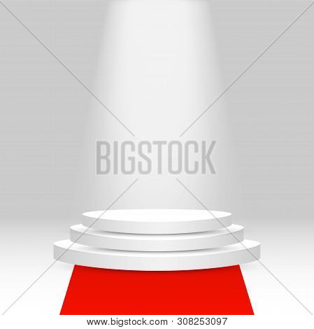 Realistic 3d Pedestal Mock Up With Empty Space, Red Carpet And Light.