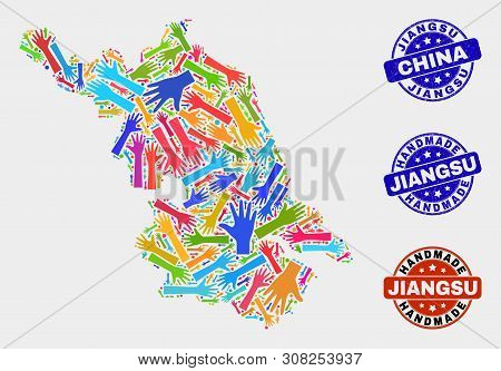 Vector Handmade Collage Of Jiangsu Province Map And Rubber Stamps. Mosaic Jiangsu Province Map Is De