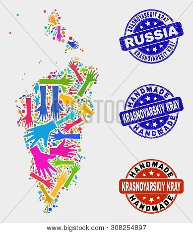 Vector Handmade Composition Of Krasnoyarskiy Kray Map And Grunge Seals. Mosaic Krasnoyarskiy Kray Ma