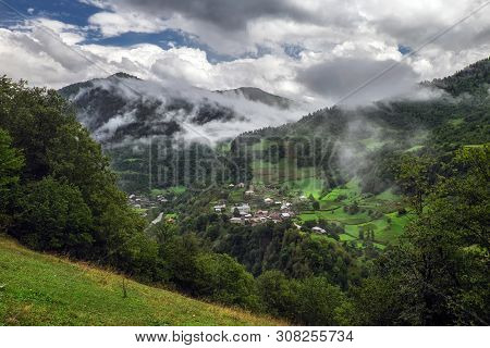Green Mountains Of Svaneti Region In Georgia Country With Villages Zegani And Bogreshi