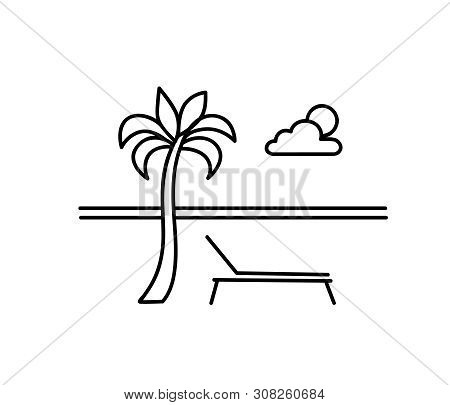 Seaside Beach View. Summer Holiday Skyline. Ocean Resort Landscape With Palm Tree, Sea, Sun, Sky, De