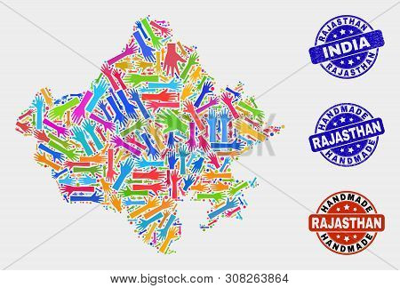 Vector Handmade Collage Of Rajasthan State Map And Scratched Seals. Mosaic Rajasthan State Map Is Do