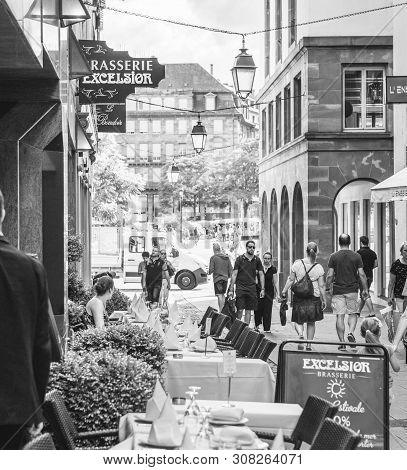 Strasbourg, France - July 22, 2017: Square Image Of Rue De Loutre Street With Luxury Brasserie Excel
