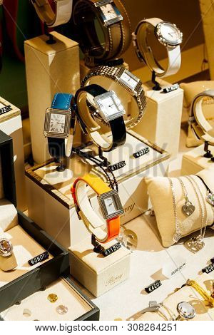 Strasbourg, France - July 22, 2017: Multiple Luxury Watches And Jewelries From Poiray, Chanel, Gucci