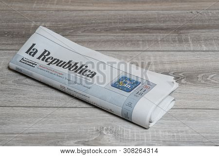 Italy, 2018.  A Copy Of La Repubblica Italian Newspaper On The Wooden Table