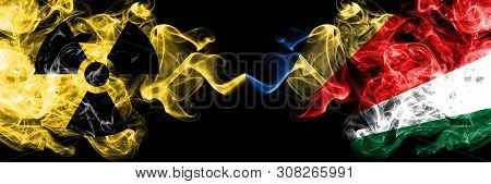 Seychelles, Seychelloise Vs Nuclear Smoky Mystic Flags Placed Side By Side. Thick Colored Silky Smok