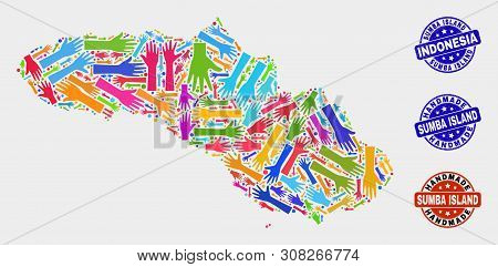 Vector Handmade Collage Of Sumba Island Map And Scratched Stamp Seals. Mosaic Sumba Island Map Is Co