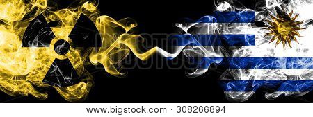 Uruguay, Uruguayan Vs Nuclear Smoky Mystic Flags Placed Side By Side. Thick Colored Silky Smokes Com