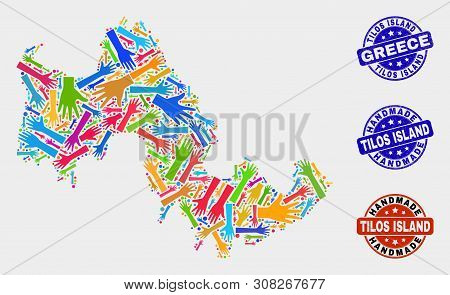 Vector Handmade Combination Of Tilos Island Map And Corroded Seals. Mosaic Tilos Island Map Is Desig