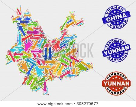 Vector Handmade Collage Of Yunnan Province Map And Textured Stamp Seals. Mosaic Yunnan Province Map 