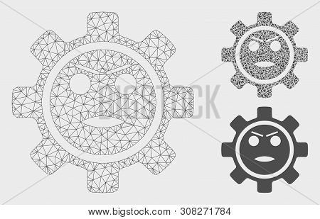 Mesh Gear Angry Smiley Model With Triangle Mosaic Icon. Wire Frame Triangular Mesh Of Gear Angry Smi