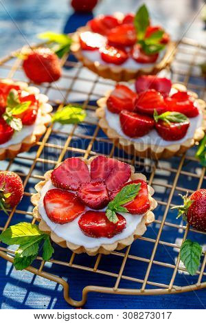 Strawberry Tarts, Small Shortcrust Tarts With The Addition Of Cream Cheese, Fresh Strawberries And M