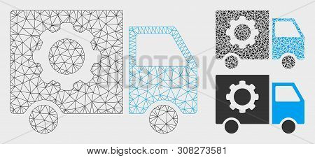 Mesh Gear Tools Delivery Car Model With Triangle Mosaic Icon. Wire Frame Triangular Mesh Of Gear Too