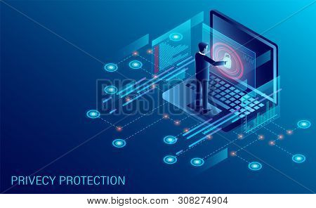 Privacy Protection Concept. Banner With Businessman Protect Data And Confidentiality Safety. Isometr