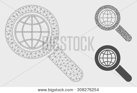 Mesh Global Search Model With Triangle Mosaic Icon. Wire Frame Triangular Mesh Of Global Search. Vec