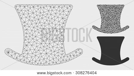 Mesh Gentleman Hat Model With Triangle Mosaic Icon. Wire Frame Polygonal Mesh Of Gentleman Hat. Vect