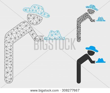 Mesh Gentleman Servant Model With Triangle Mosaic Icon. Wire Carcass Triangular Mesh Of Gentleman Se