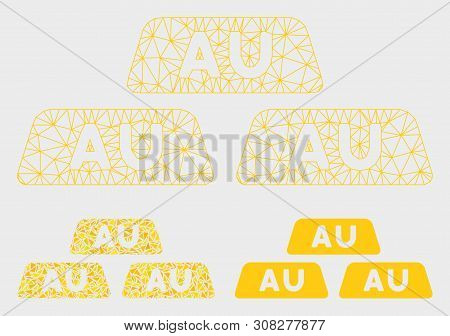 Mesh Gold Bullions Model With Triangle Mosaic Icon. Wire Carcass Triangular Network Of Gold Bullions