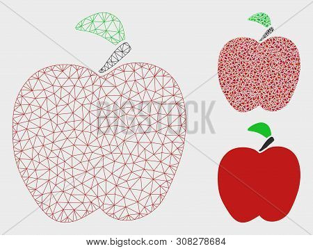 Mesh Red Apple Model With Triangle Mosaic Icon. Wire Carcass Triangular Mesh Of Red Apple. Vector Mo
