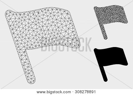 Mesh Flag Model With Triangle Mosaic Icon. Wire Carcass Triangular Mesh Of Flag. Vector Collage Of T