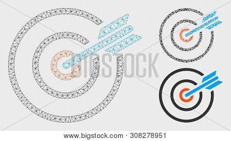 Mesh Goal Arrow Model With Triangle Mosaic Icon. Wire Frame Triangular Network Of Goal Arrow. Vector