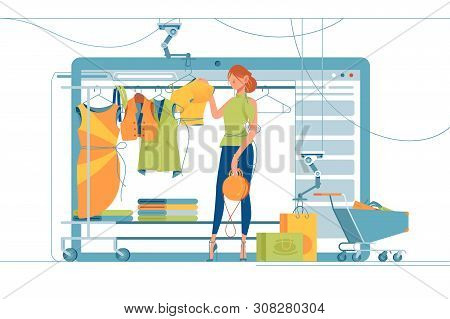 Modern Shopping Stand Vector Illustration. Woman In Clothes Store Trying On New Clothing. Attractive
