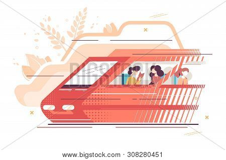 People Travelling By Train Vector Illustration. People Using High-speed Vehicle Get To Place In Time