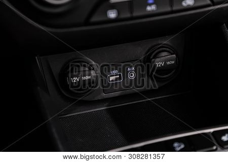 Novosibirsk, Russia - June 22, 2019:  Hyundai Creta, Close Up Of A Charging In The Car, Cigarette Li