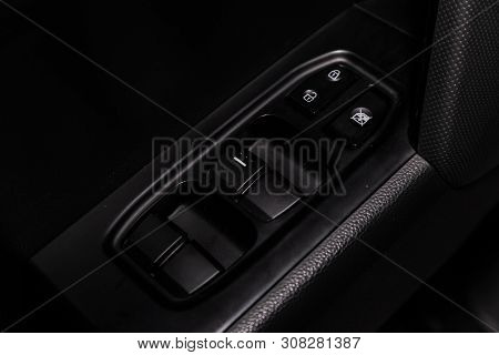 Novosibirsk, Russia - June 22, 2019:  Hyundai Creta, Close-up Of The Side Door Buttons: Window Adjus