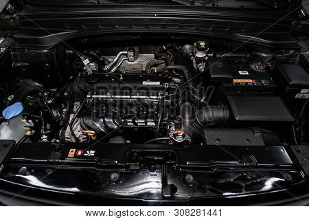 Novosibirsk, Russia - June 22, 2019:  Hyundai Creta, Close-up Of The Engine, Front View. Internal Co