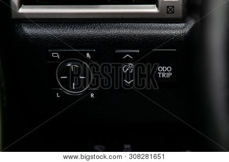 Novosibirsk, Russia - June 22, 2019:  Lexus Gx 460,  , Close-up Of The  Buttons: Side Mirror Adjustm