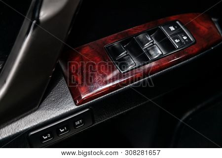 Novosibirsk, Russia - June 22, 2019:  Lexus Gx 460,  Close-up Of The Side Door Buttons: Window Adjus