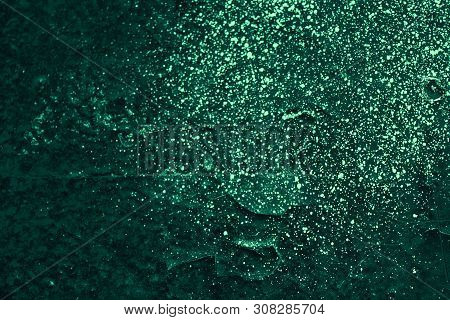 Vintage Green Background. Rough Painted Wall Of Emerald Color. Imperfect Plane Of Virid Colored. Une