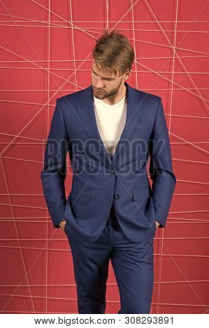 Man Well Groomed Manager Wear Elegant Formal Suit Pink Background. Manager Dress Code. Manager Confi