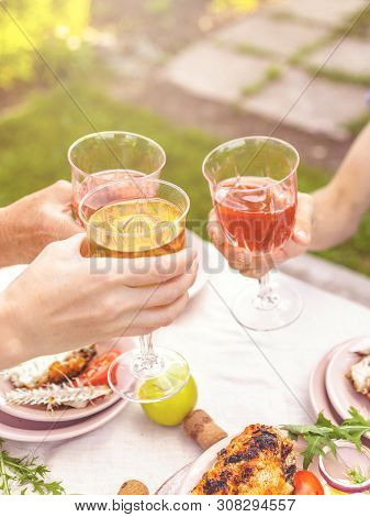 People Drink Rose And White Wine. Pati Backyard