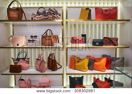 HONG KONG, CHINA - CIRCA APRIL, 2019: bags on display at Longchamp store in Hong Kong International Airport. 