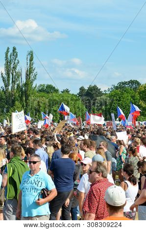 Prague, Czech Republic - June 23 2019: Crowd Of People Protests Against Prime Minister Babis And Min