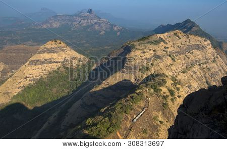 Toy Train At Matheran Seen From Panorama Point, Matheran, Maharashtra, India.